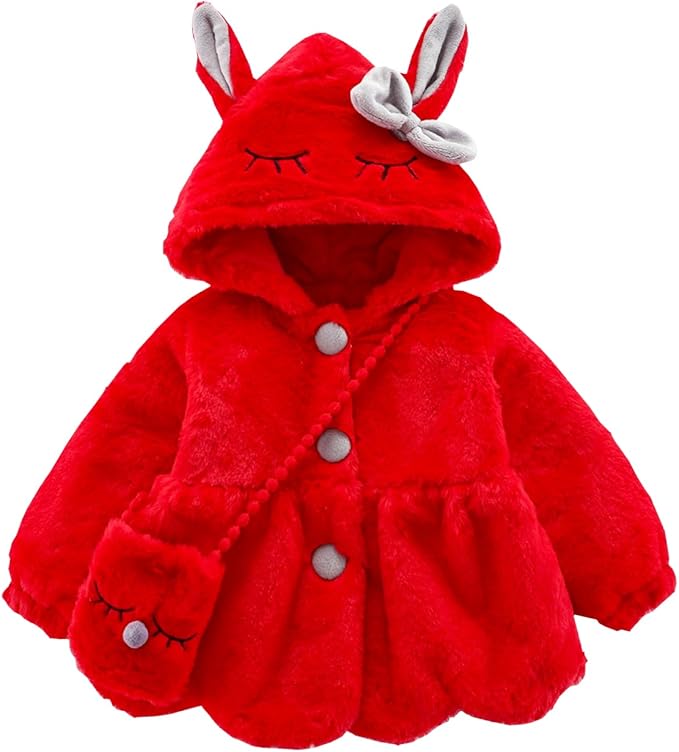 Alunsito Kids Baby Girl Long Sleeve Thick Coat Button Down Rabbit Ear Hooded Jacket with Bag Easter Clothing Set